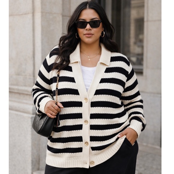 J. Jill Sweaters - NWT J.Jill Wearever Collection XL Black Ivory Striped Knit Cardigan Business Cas